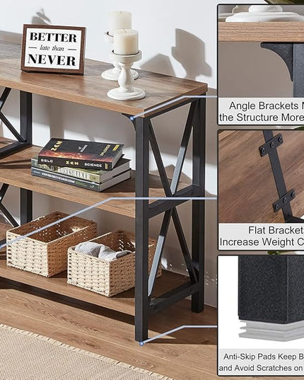 IBF Rustic Console Table, Industrial Wood and Metal Sofa Table, Hallway Entry Table for Home Living Room, Long Horizontal Bookshelf Entryway Table with Retro Vintage Storage Shelf, Rustic Oak, 47 Inch
