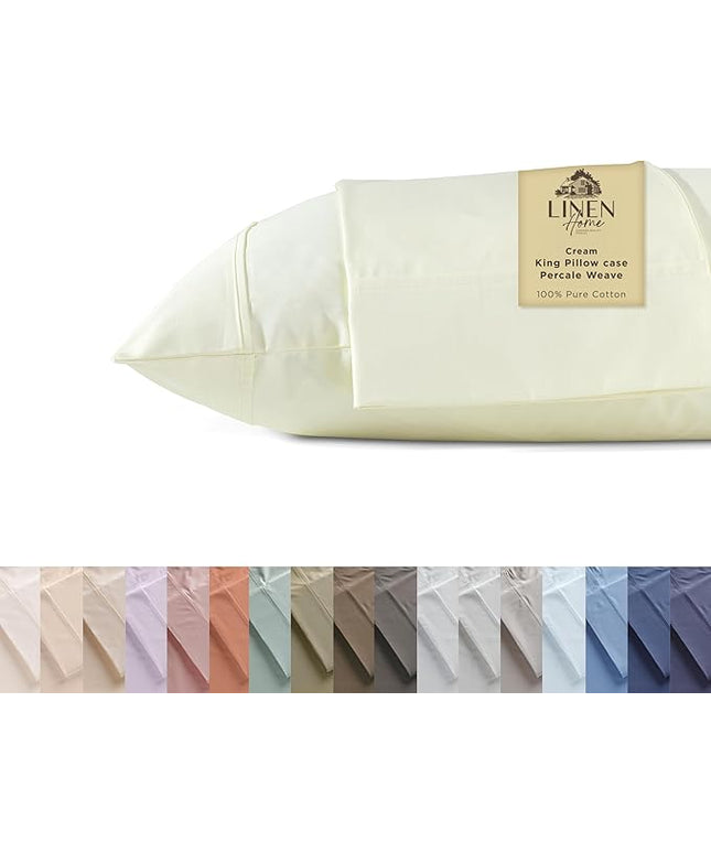 Linen Home 100% Cotton Percale Pillowcases King Size, Cream, 2 Pieces of Pillow Case, Crisp and Cool Strong Bed Linen, 20 inches X 40 inches