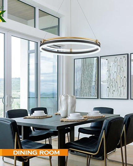 Modern LED Pendant Light 23.6" Black Gold Dimmable Circular LED Chandelier 1 Ring with Remote, Round Hanging Light for Kitchen Island Dining Room Living Room Foyer Entryway, 2-Ring Lighting