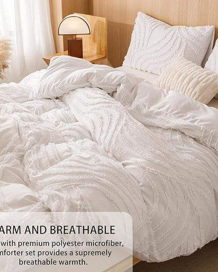 Ivory Queen Comforter Set - 7 Pieces Bed in a Bag, Premium Comforters Queen Size Bed Set Tufted Shabby Chic Bedding Comforter Set with Flat Sheet, Fitted Sheet and Pillowcases,White