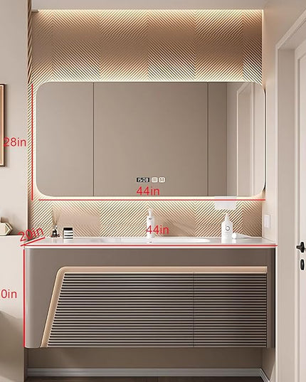 44IN Modern Bathroom Vanity - Floating Bathroom Vanity with Sink with Rounded Corner Smart Mirror Cabinet & Smart Defogging | Wave Panel Design & Large Storage Space