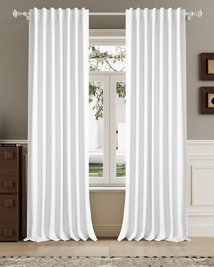 DUALIFE Pure White Blackout Curtains 102 Inch Length 2 Panels Set for Living Room Bedroom Rod&Back Tab Thermal Insulated 100% Black Out Linen Drapes Room Darkening Window Curtains 72" x 102"