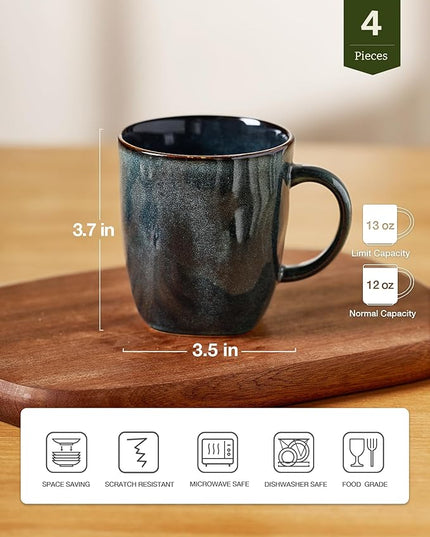 famiware Coffee Mugs Set of 4, Ocean Square 13oz Coffee Cup Set with Handle for Cocoa, Milk, Hot Chocolate, Stoneware Cups for Kitchen, Reactive Glaze, Microwave and Dishwasher Safe, Deep Forest