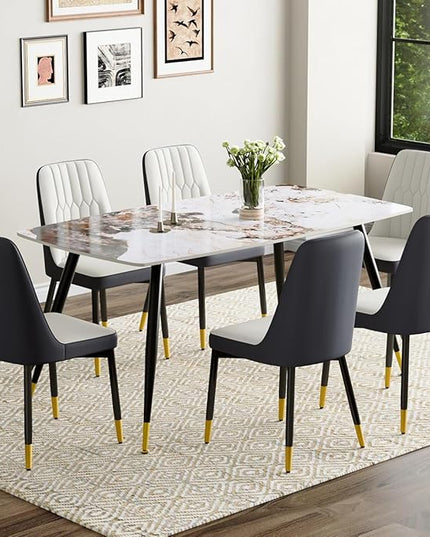 6 Chair Dining Table Set,6 Person Dining Table Set, Sintered Stone Kitchen Table Top and Modern Chairs Set of 6 for Kitchen Dining Room