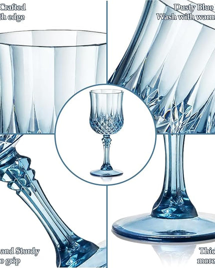 XUWAIDSGN 7oz Plastic Vintage Wine Glasses Drinking Glasses Unbreakable Wedding Glassware Crystal Water Goblets Reusable Drinkware Vintage Champagne Flutes (48, Blue)