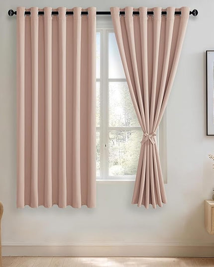 JIUZHEN Blush Pink Blackout Curtains with Tiebacks Thermal Insulated, Light Blocking and Noise Reducing Grommet Curtains for Bedroom and Living Room, Set of 2 Window Curtain Panel, 70 x 63 Inch Length