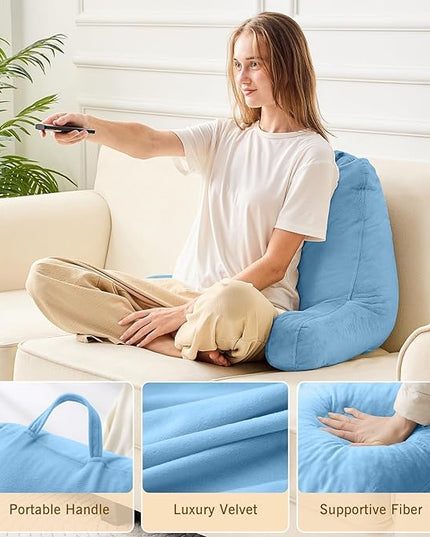 Sasttie Reading Pillow, Velvet Back Pillow for Bed Sitting Up, Adult Back-Rest Support Cushion with Arms for Sit Up on Couch, Sofa, and Floor, Dorm Essentials, Reading Accessories, Blue