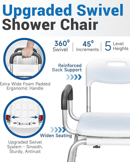 Sangohe Shower Chair for Inside Shower - 360⁰ Swivel Shower Chair - Heavy Duty Shower Seat with Back - Shower Chair for Bathtub with Arms for Handicap - Shower Seats for Elderly, 788A