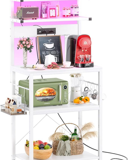 Aheaplus Bakers Rack with Power Outlet, Microwave Stand, 5 Tiers Coffee Bar Station with Led Lights, Kitchen Storage Shelf with 6 S-Shaped Hooks, Kitchen Rack for Spices, Pots and Pans, White