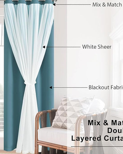 Hiasan Mix & Match Blackout Curtains with Sheer Overlay, Double Layer Thermal Insulated Privacy Grommet Window Curtains for Girls Bedroom,Living Room,2 Drape Panels with Tiebacks,Stone Blue,52W X 96L