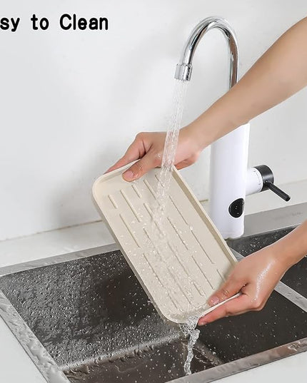 Silicone Kitchen Sink Organizer Tray for Multiple Usage,Eco-Friendly Sponges Holder for Kitchen Bathroom Counter or Sink,Dish Soap Dispenser,Scrubber,Bottle,Cup (Tapioca, 10"×5.3")