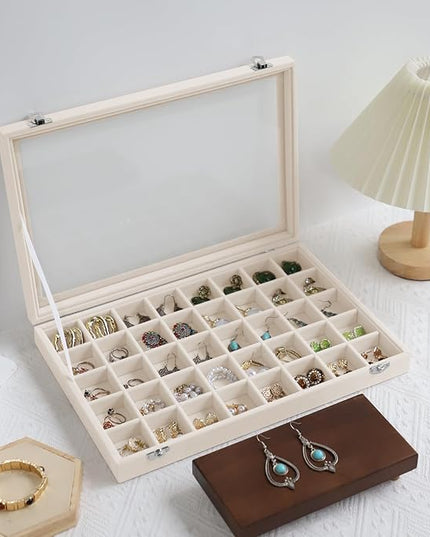Stratalife Jewelry Organizer 40 Grid Jewelry Trays with Dust-proof Lid Velvet Earring Organizer Ring Holder Accessories Box Necklaces Earrings Storage for Women Drawers Cream