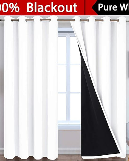 Yakamok 2 Thick Layers Pure White 100% Completely Blackout Curtains Thermal Insulated Room Darkening Drapes for Bedroom(52Wx84L, Pure White, One Pair)