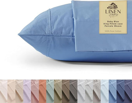 Linen Home 100% Cotton Percale Pillowcases King Size, Baby Blue, 2 Pieces of Pillow Case, Crisp and Cool Strong Bed Linen, 20 inches X 40 inches