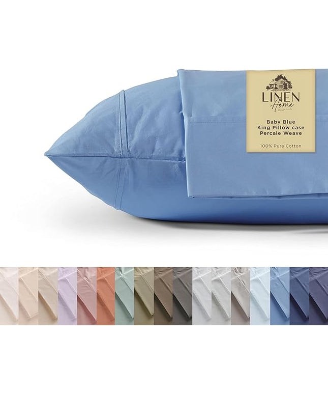 Linen Home 100% Cotton Percale Pillowcases King Size, Baby Blue, 2 Pieces of Pillow Case, Crisp and Cool Strong Bed Linen, 20 inches X 40 inches