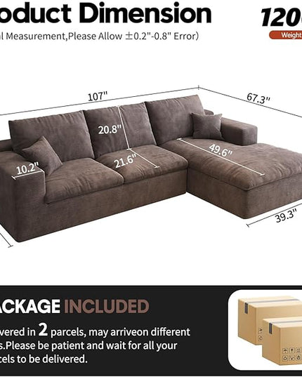 107'' L-Shaped Modern Modular Sectional Cloud Couch, 4-Seat Chenille Deep-Seat Sofa with Pillow for Living Room, Bedroom, Apartment, Camel
