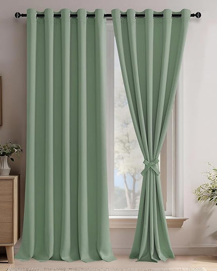 JIUZHEN Light Sage Blackout Curtains with Tiebacks Thermal Insulated, Light Blocking and Noise Reducing Grommet Curtains for and Living Room, Set of 2 Window Curtain Panels, 60 x 96 Inch Length