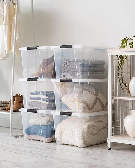 IRIS USA 40 QT Plastic Storage Box with Lid and Latches - 6 Pack - BPA-Free, See-Through Organizing Solution, Durable Nestable Stackable Containers, Secure Pull Handle - Clear