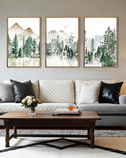Extra Large Forest Mountain Wall Art Green Watercolor Framed Tree Painting Wall Decor for Living Room Bedroom Bathroom Office 24x36 Inch Set of 3