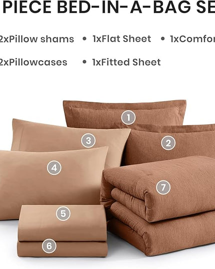 Monbix California King Comforter Set - 7 Pieces Cationic Dyeing Autumn Leaf Bed in a Bag Cal King Bed Sets with Comforter, Sheets, Pillowcases & Shams, Reversible Bedding Comforters Sets (108 * 92)