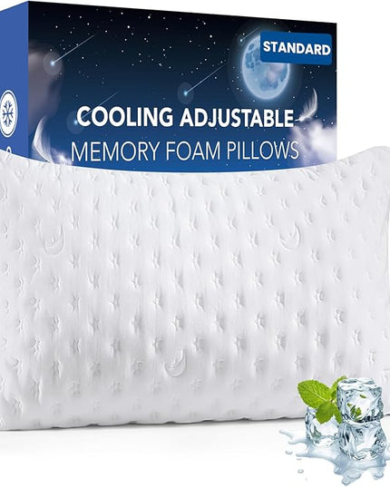 Cooling Side Sleeper Pillow for Neck and Shoulder Pain, Luxury Shredded Memory Foam Firm Cool Bed Pillows for Sleeping Set of 1- Adjustable Standard Size- Washable Cover Original White