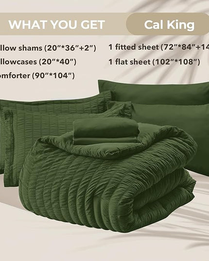 HYMOKEGE Olive Green California King Comforter Set Seersucker 7 Pieces, All Season Luxury Bed in a Bag for Bedroom, Bedding Set with Comforter, Sheets, Pillowcases & Shams