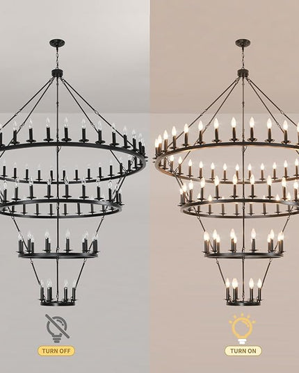 4 Tier Black Wagon Wheel Chandelier,Extra Large 60-Inch 78-Light Circle Light Fixture,Round Chandeliers for Foyer Entryway Dining Room Living Room High Ceilings