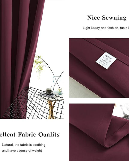 Blackout Curtains for Bedroom Thermal Insulated Light Blocking Room Darkening Curtains Solid Grommet Window Drapes for Living Room, Set of 2 Curtain Panels 52 W x 96 L inch Long Wine
