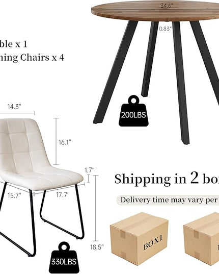34.6'' Round Dining Table and Chairs for 4 Space Saving for Apartment Kitchen Dining Room (Walnut Table+4 U-Shaped White Chairs)
