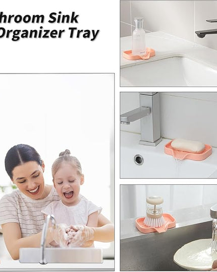 Silicone Bathroom Soap Dishes with Drain Spout-Bathroom and Kitchen Sink Organizer,Sponge Holder,Dish Soap Tray,Perfect for Dispenser,Scrubber,Bottle,Cup on Sink or Counter-Pink 4.9"×3.2"