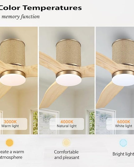52" Ceiling Fan with Light - Low Profile Flush Mount Ceiling Fan, 6-Speed Remote Control, Solid Wood, Quiet Reversible DC Motor, Boho Style, for Bedroom, Living Room, Porch, Light Oak/Gold