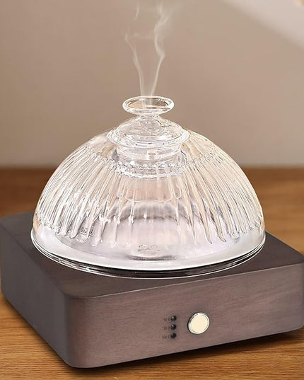 Glass Essential Oil Diffuser with Glass Reservoir & WoodBase, 200ml Ultrasonic Lock Color Timer Auto-Off 7 Color Light Aroma Glass Dome Diffuser for Home Office Bedroom Yoga - Dark Brown