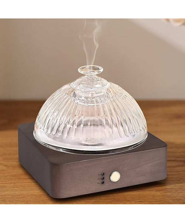 Glass Essential Oil Diffuser with Glass Reservoir & WoodBase, 200ml Ultrasonic Lock Color Timer Auto-Off 7 Color Light Aroma Glass Dome Diffuser for Home Office Bedroom Yoga - Dark Brown