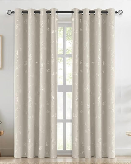 BUHUA White Black Out Curtains 63 Inch Long 2 Panels, Soundproof Curtains with Elegant Silver Leaf Print, Heat Blocking Curtains for Livingroom, 52W x 63L, Natural
