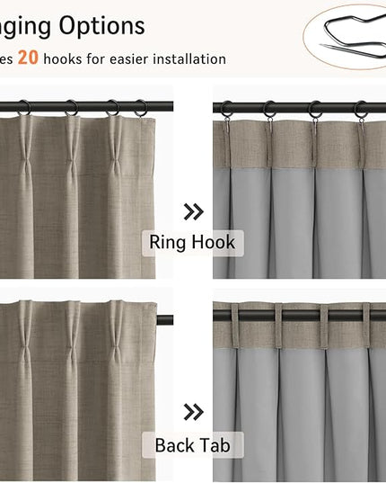 100% Blackout Shield Linen Look Textured Pinch Pleated Curtains Blackout Drapes 90 Inch Long 2 Panels Set, Faux Linen Blackout Curtains for Bedroom & Living Room, 40" W x 90" L, Dark Faux Linen