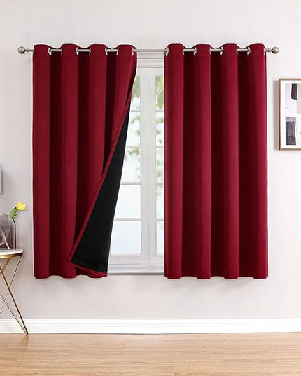 ChrisDowa 100% Blackout Curtains for Bedroom with Black Liner, 2 Thick Layers Total Blackout Thermal Insulated Grommet Window Curtains 2 Panels Set (Burgundy, 52 x 45 Inch)