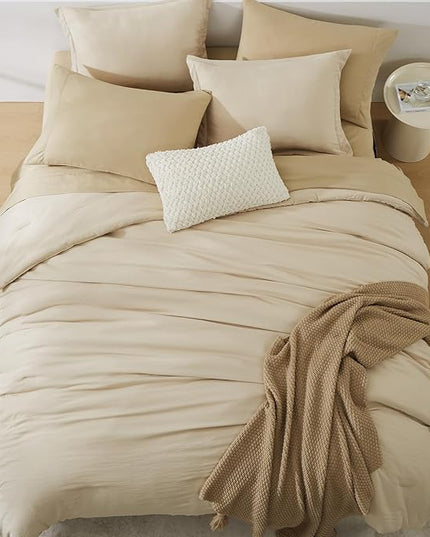 WRENSONGE Queen Size Comforter Set- 7 Pieces Beige Bed in a Bag Queen with Fitted Sheet, Flat Sheet, 2 Pillow Shams, and 2 Pillowcases- Warm Bed Set for All Season