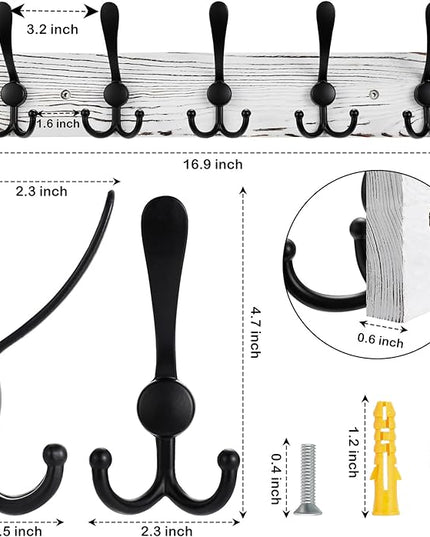 2pcs Coat Rack Wall Mount Wooden Hat Rack for Wall Hooks Pine Real Wood Plank 16.9" Old White Coat Hanger with 5 Black Triple Hooks for Hanging Coat Hat Jacket