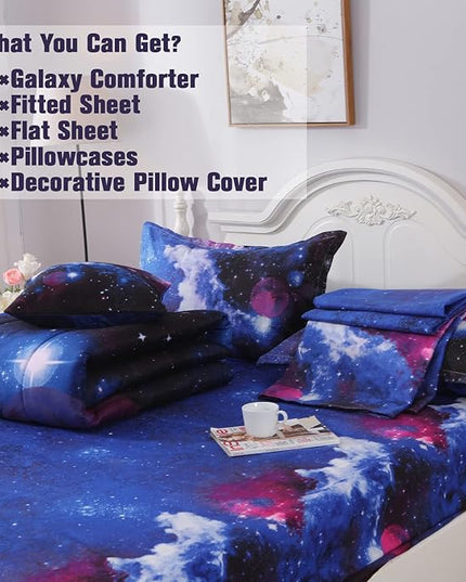 JQinHome Full Galaxy Comforter Sets 6 Piece Bed in A Bag, Outer Space Themed Bedding for Children Boy Girl Teen Kids - (1 Comforter, 1 Flat Sheet, 1 Fitted Sheet, 2 Pillowshams, 1 Cushion Cover)