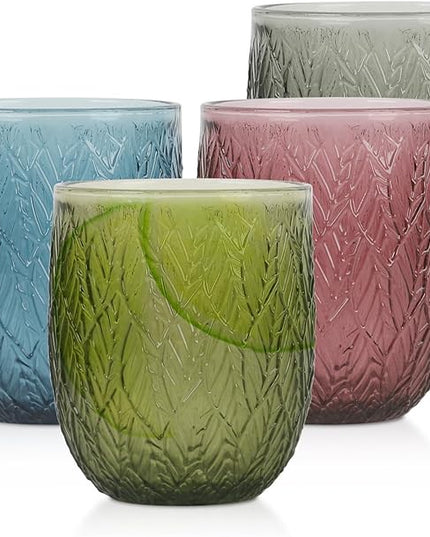 Colored Glasses Drinking Set of 4, 12oz Vintage Drinking Glasses, Embossed Glass Cups, Water Tumbler for Cocktail, Various Mixed Drinks (Willow Leaf 4PCS)