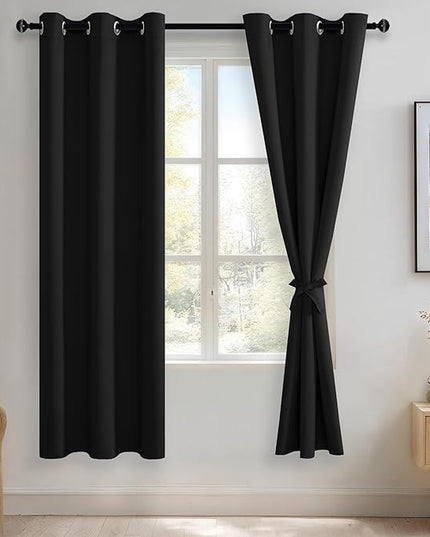JIUZHEN Black Blackout Curtains with Tiebacks - Thermal Insulated, Light Blocking and Noise Reducing Grommet Curtains for Bedroom and Living Room, Set of 2 Window Curtain Panels, 42 x 72 Inch Length