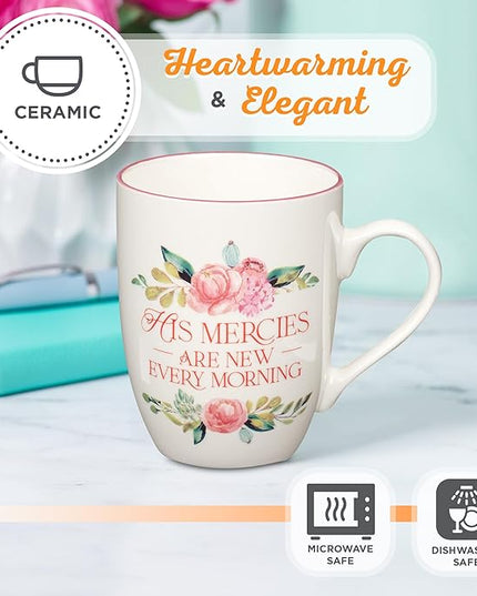 Christian Art Gifts Inspirational Ceramic Coffee & Tea Mug for Women: Mercies are New Every Morning Encouraging Bible Verse, Microwave & Dishwasher Safe Novelty Drinkware, White & Pink Floral 12 oz.