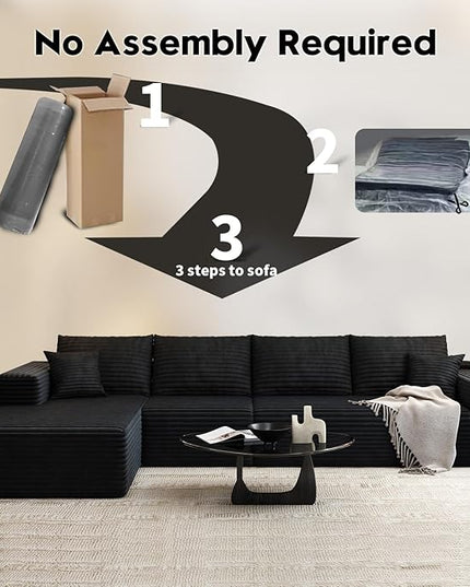 135.4" Cloud Modular Sectional Sofa Couch with L-Shape Chaise,Modern Minimalist Upholstered Couches for Living Room Bedroom,Deep Seat Corner Couch，No Assembly Required (Black,Left Facing Chaise)