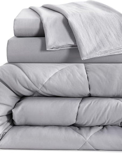 NTBAY Twin Comforter Set with Sheets, 5 Pieces Soft and Breathable Twin Bedding Set, Twin Bed in a Bag, Down Alternative Comforter Set Solid Color All Season, Kids Bedding Set, Light Grey