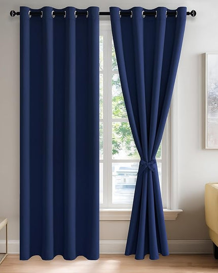 JIUZHEN Blackout Curtains with Tiebacks - Thermal Insulated, Light Blocking and Noise Reducing Grommet Curtain Drapes for Bedroom and Living Room, Set of 2 Panels, Navy Blue, 52 x 84 Inch Length