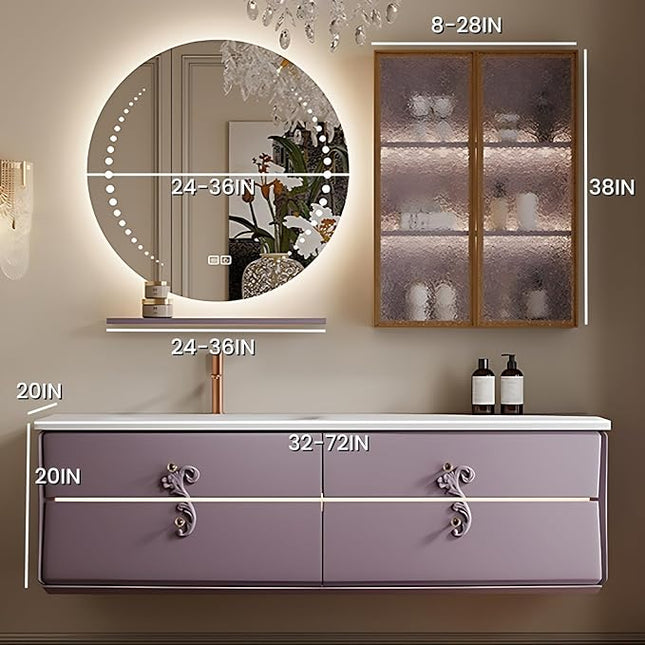 Bathroom Vanity with Sink - Including Defogging & Led Lights, Modern Bathroom Cabinet with 3 Drawers & Lipstick Box | Floating Bathroom Vanities Have Exquisite Handles (Round Mirror, 68'')