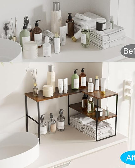 Golener Countertop Organizer Corner Shelf, 2 Tier Adjustable Stackable Corner Shelves for Kitchen, Bathroom, Spice Rack, Coffee Area, Over Sink, Dresser Table, Corner Counter Shelf Stand, Rustic Brown