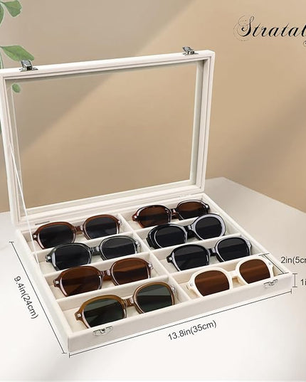 Stratalife Sunglasses Organizer Sunglass Display Tray Jewelry Tray with Lid Sunglasses Storage Case Drawer Watch Box for Men and Women Beige (8 Grids)