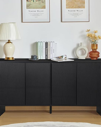 Sideboard Buffets Cabinet, Modern Accent Storage Cabinet with 4 Fluted Doors and Adjustable Shelves, Wood Credenza Buffet Sideboards, Console Table for Kitchen Dining Living Room Entryway (Black)