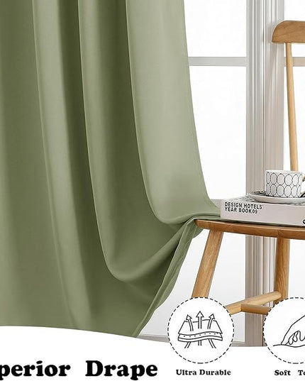 Simplebrand Sage Green Curtains for Bedroom Living Room 72 Inches Long 2 Panels Set, Room Darkening Thermal Insulated Curtains & Drapes, Solid Grommet Noise Reducing Window Treatment, W50 x L72 Inch